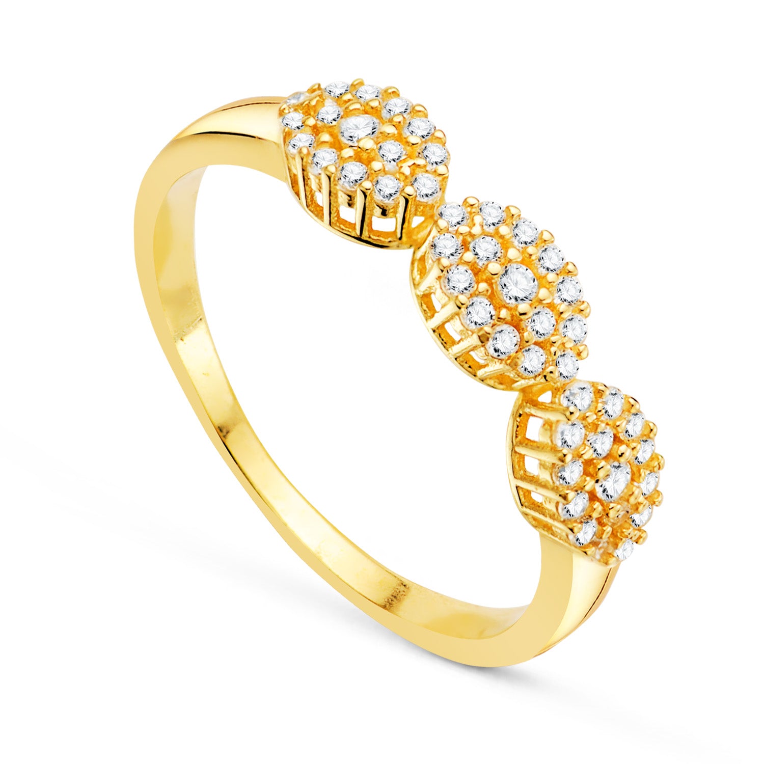 Anel em ouro amarelo 18K com 3 zircônias ovais Largura: 4MM