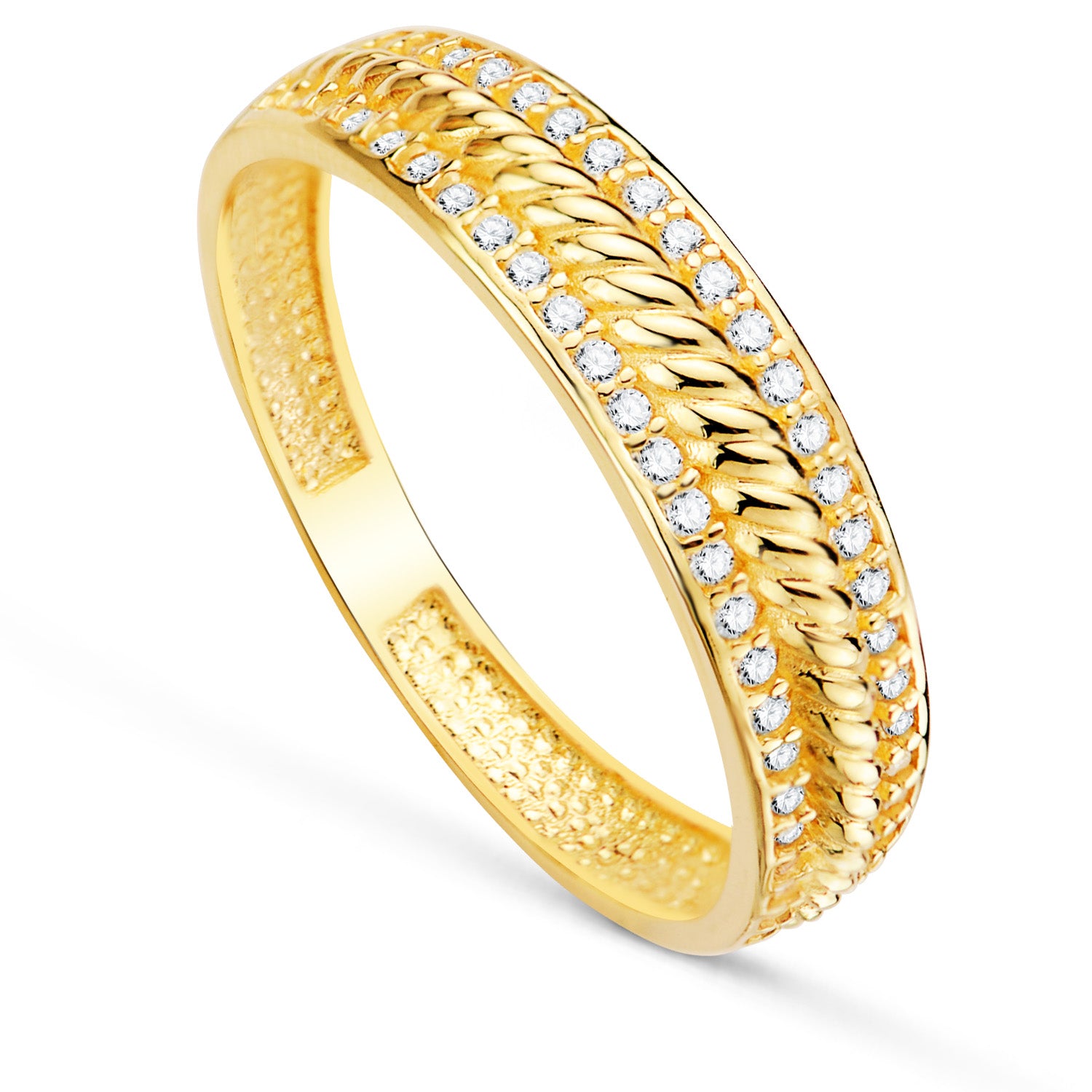 Ring i 18K gult guld med asfalterade zirconiaband. Bredd: 4,5 mm