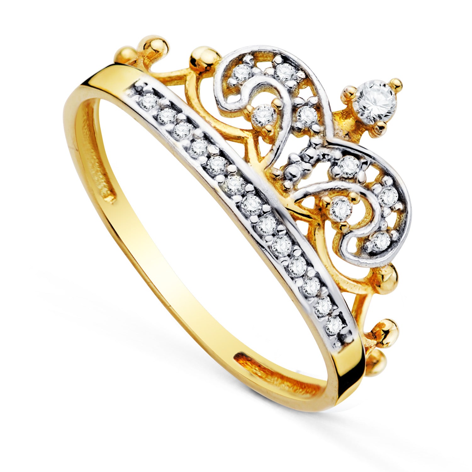 Kroonring van 18K tweekleurig goud met zirkonia. Breedte: 10 mm