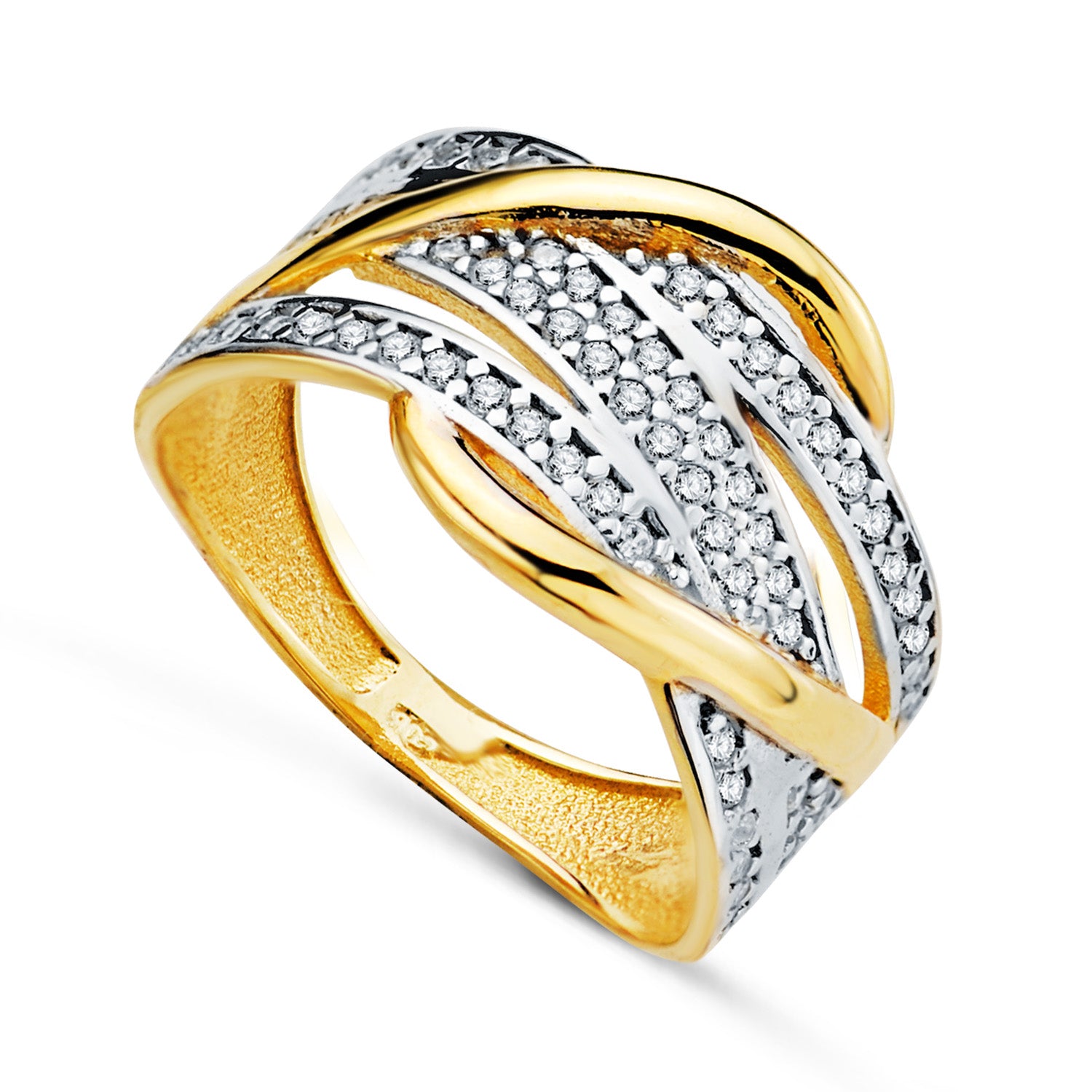 Bague en Or Bicolore 18K avec Bandes avec Zircone et Deux Vagues Largeur : 12 mm