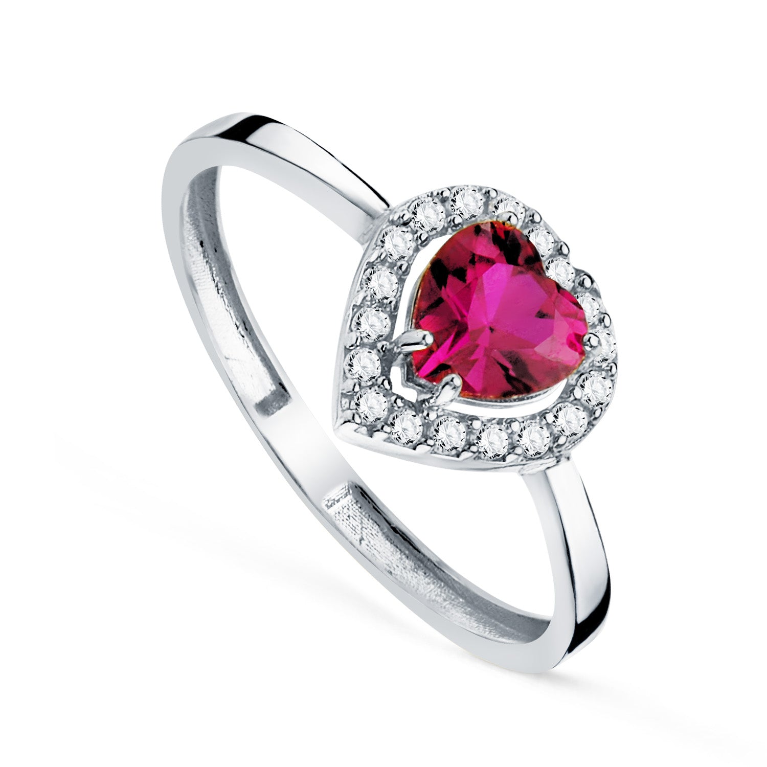 18K White Gold Ring Ruby Heart Corundum Reconstructed 5X5 mm with Zircon Width: 8X8 mm