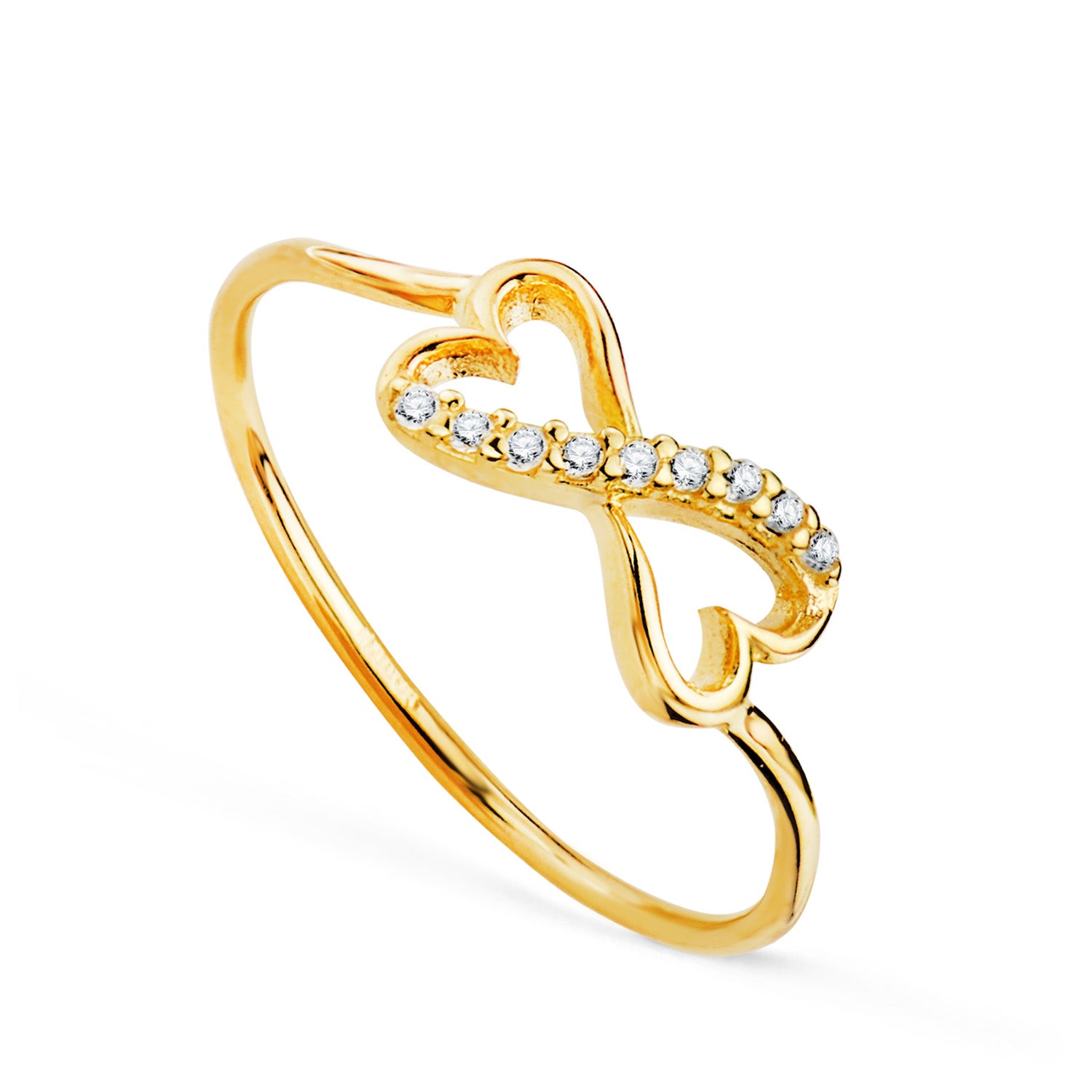 Anillo de Oro Amarillo de 18K con Corazones Calados Unidos por Circonitas Ancho: 6 mm