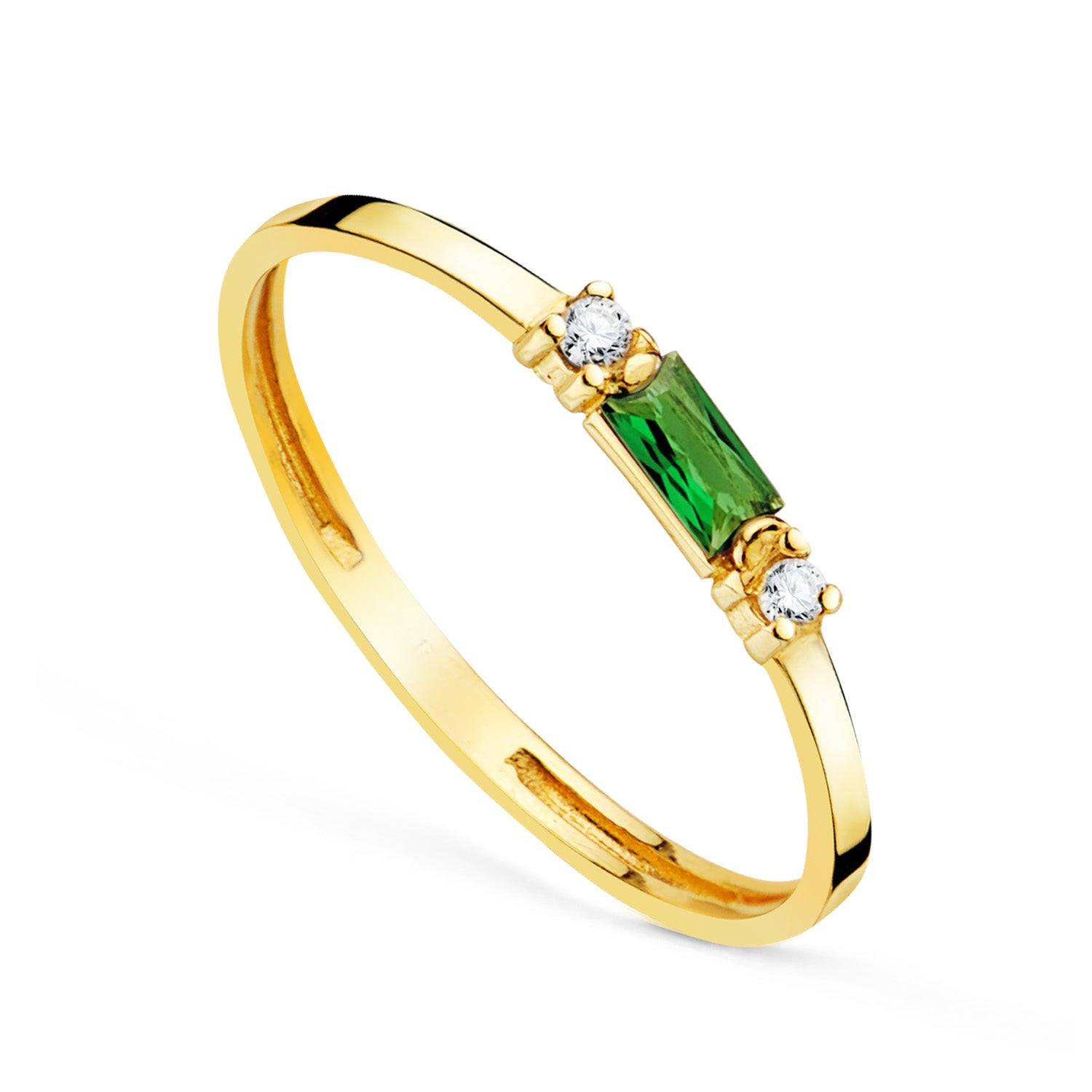 Anillo Oro Amarillo 18K Circonita Verde 4X2 mm y Circonita 2MM de Ancho