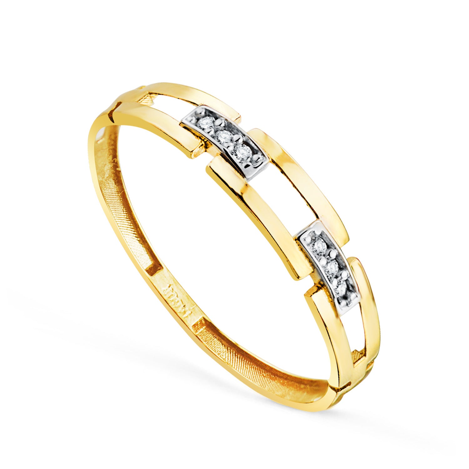 Inel de aur bicolor de 18K cu zale și zirconi Lățimea: 4MM