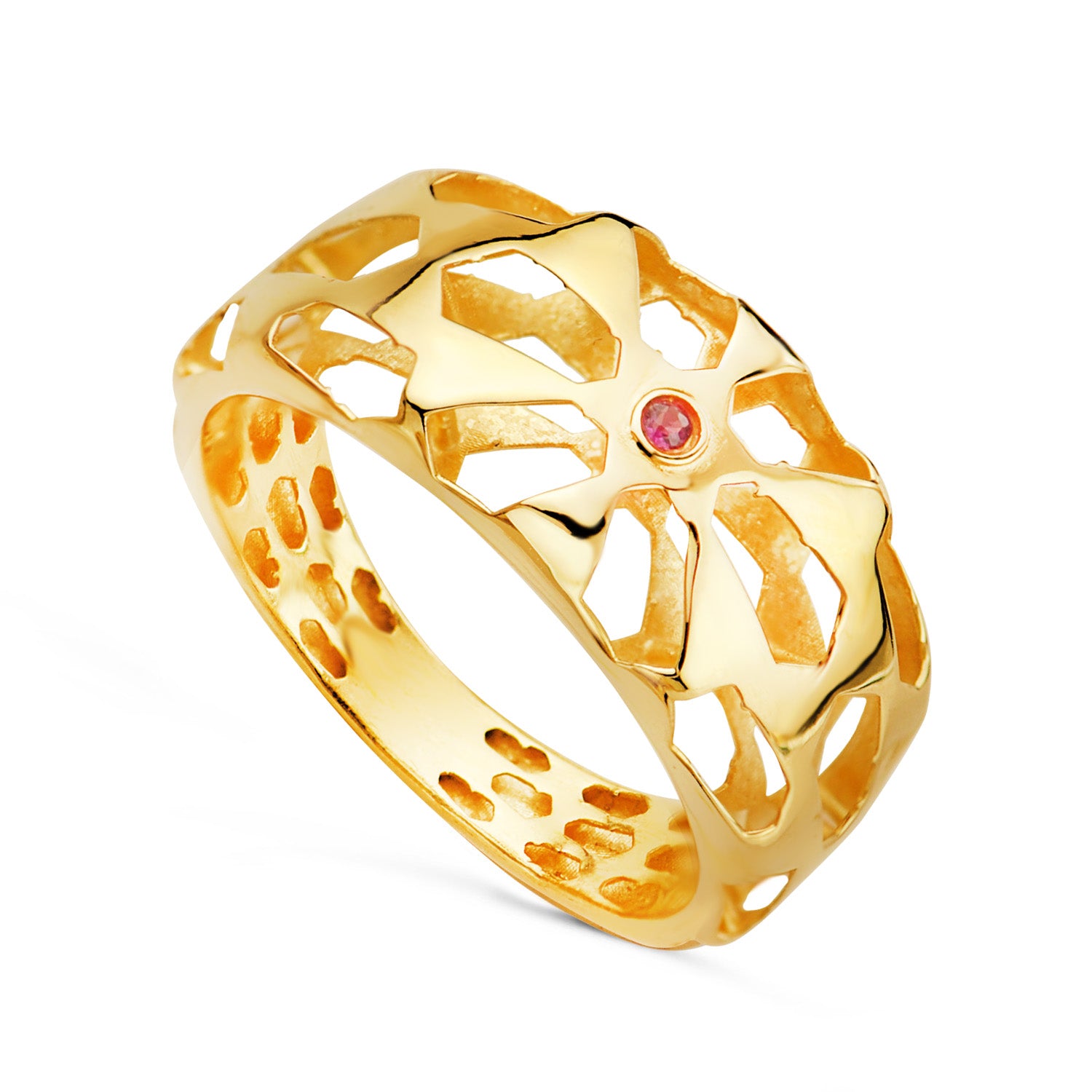 Bague en Or Jaune 18K Filigrane Ajouré et Rubis Naturel Largeur : 10 mm
