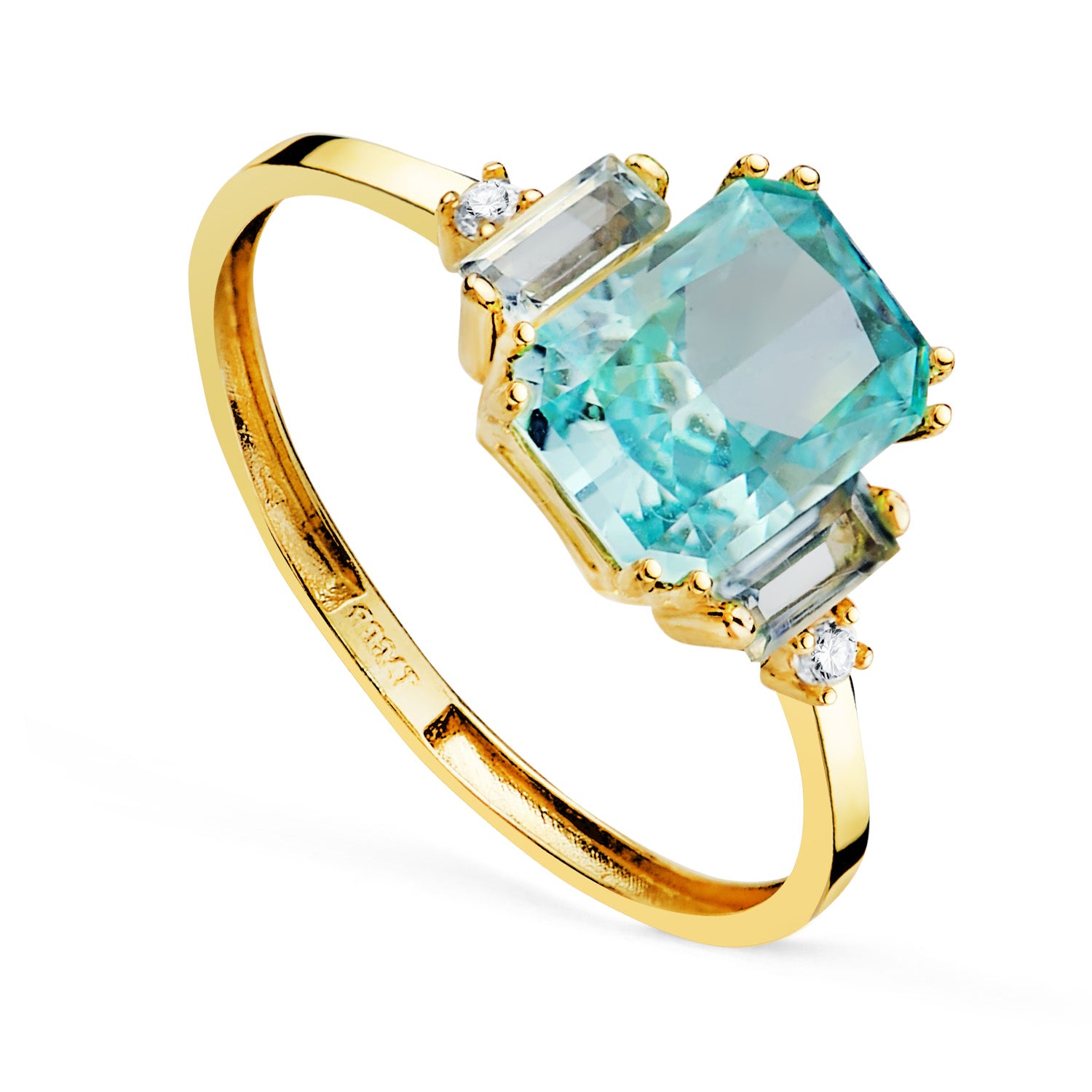 Anel em ouro amarelo 18K com pedra octogonal 8X6 mm Ice Cut e topázio natural barras 4X2 mm