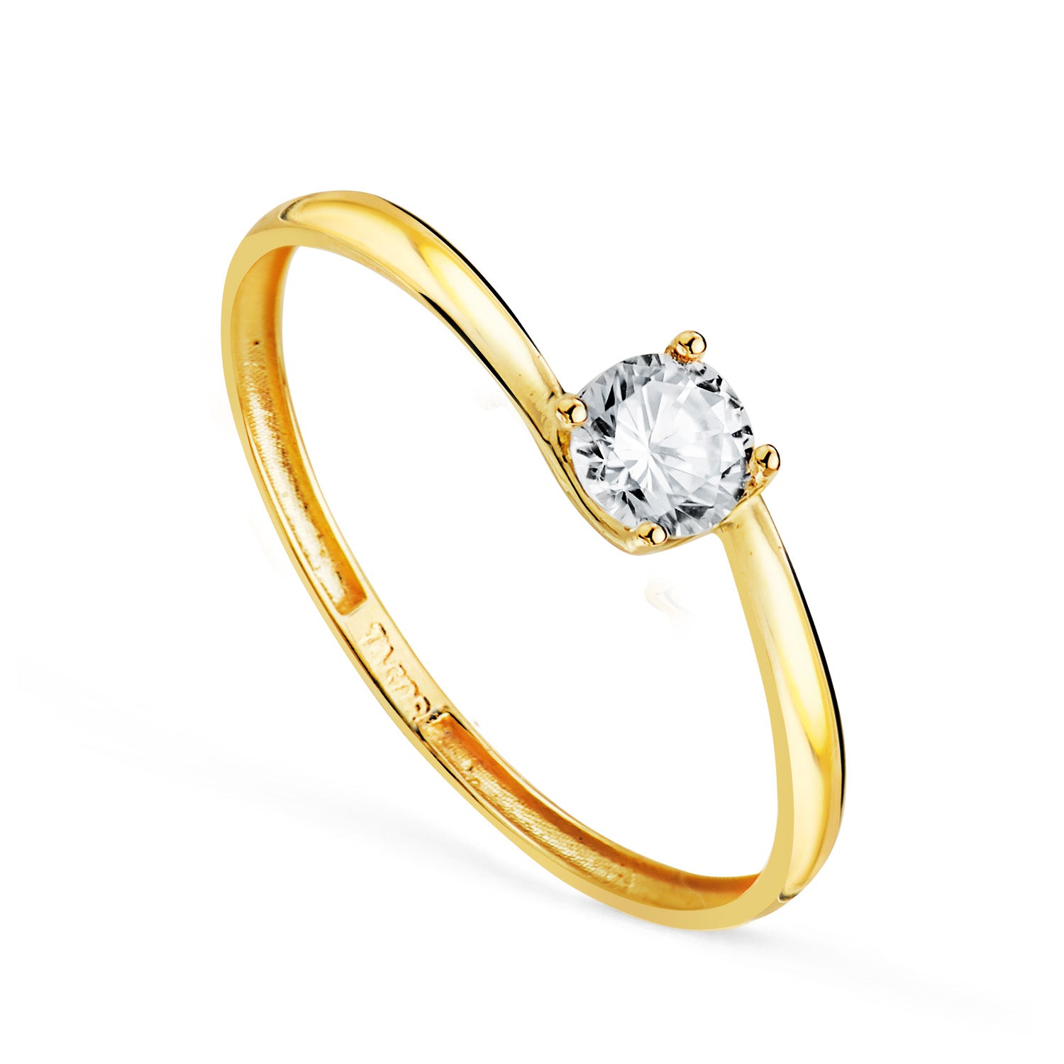 Solitaire en Or Jaune 18 Carats à 4 Griffes avec Circonite, Corps en Croix. Dimension de la Circonite : 4 mm