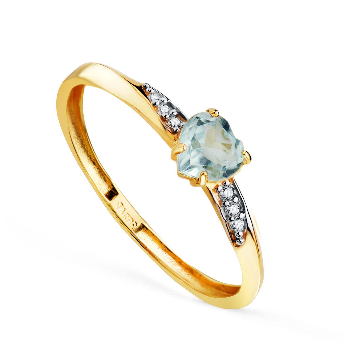 18 karat tofarvet guldring med et 5 x 5 mm blåt topaise hjerte og cirkonitter