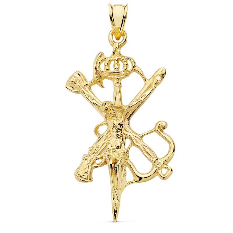 Grand Pendentif Croix du Christ Légion avec Couronne Or Jaune 18K 45X30 mm