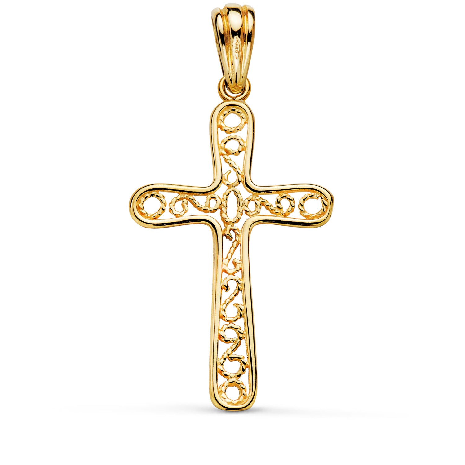 Croix en Or Jaune 18K avec Bordure Brillante et Filigrane Mesure : 37,5 X 22 mm