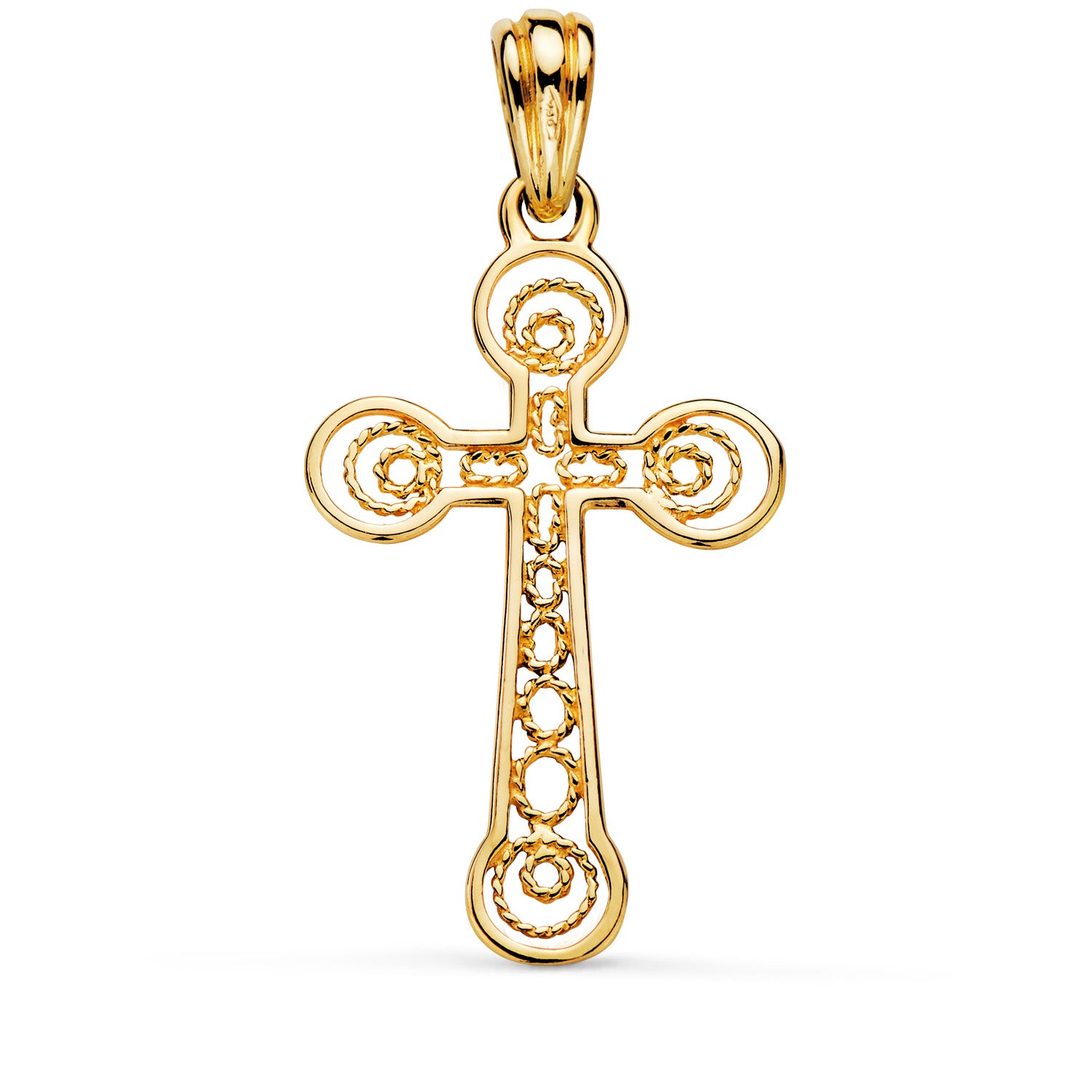 Croix en Or Jaune 18 Carats, Bord Brillant et Filigrane. Dimensions : 37,5 X 22 mm