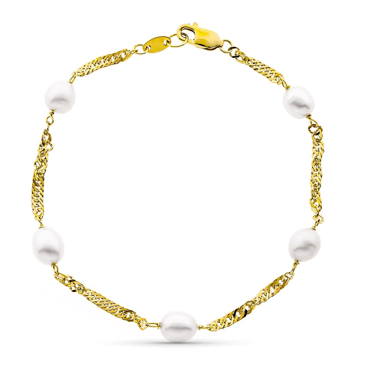 18K Bracelet Chaîne Perle 6.5MM en Or Jaune 19CM