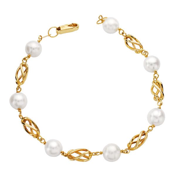 Bracelet Perle et Cage Or Jaune 18K 195 Cm