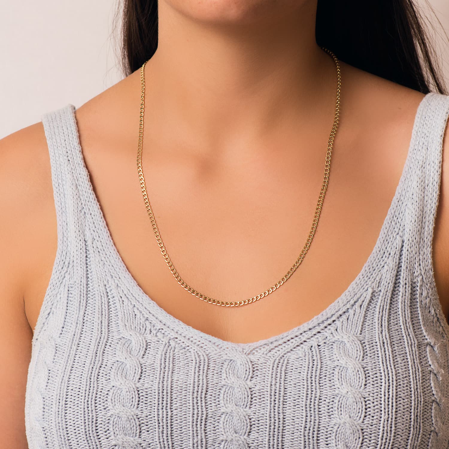 18K Chaîne Gourmette Creuse en Or Jaune Largeur: 3,5 mm Longueur: 60 Cm