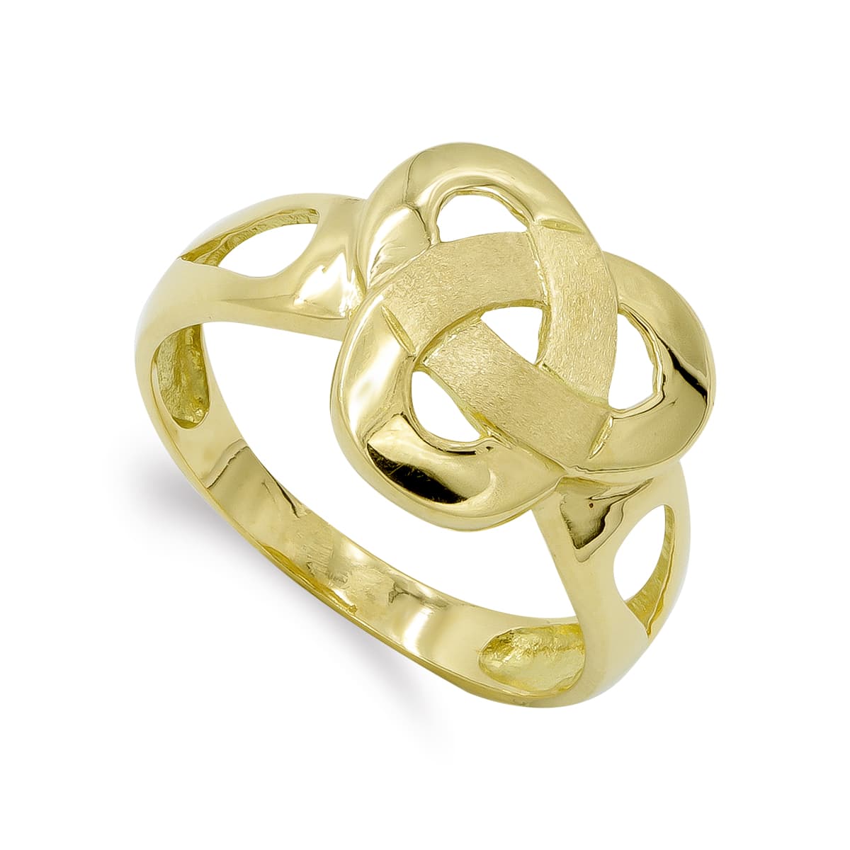 Ring i 18K massivt gult guld med sammenflettede blade. Bredde: 14,5 mm