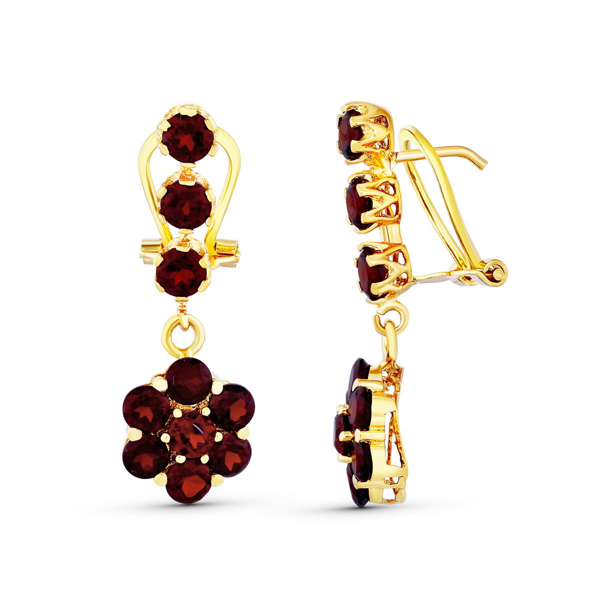 Pendientes Largos Granates Oro Amarillo 18K Cierre Omega