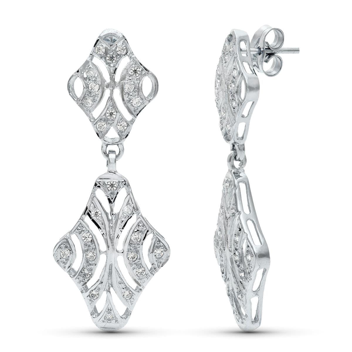 18K Boucles d'oreilles Pendantes Or Blanc & Zircon. 40X15 mm Fermoir Poussettes