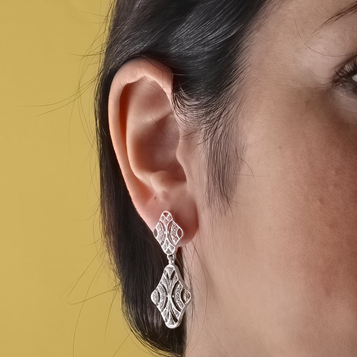 18K Boucles d'oreilles Pendantes Or Blanc & Zircon. 40X15 mm Fermoir Poussettes