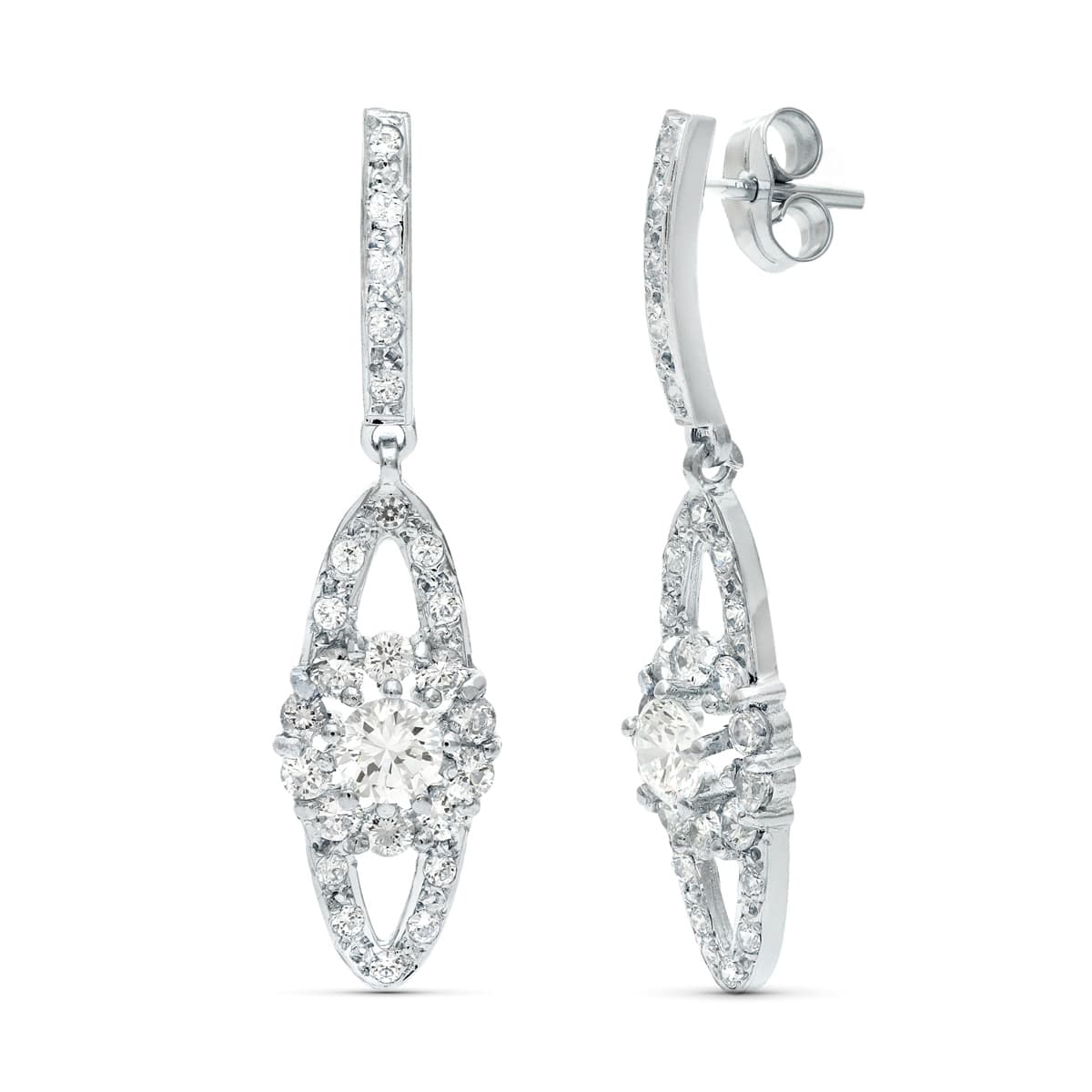Pendientes Oro Blanco 18K y Circonitas 35X9 mm Cierre Push