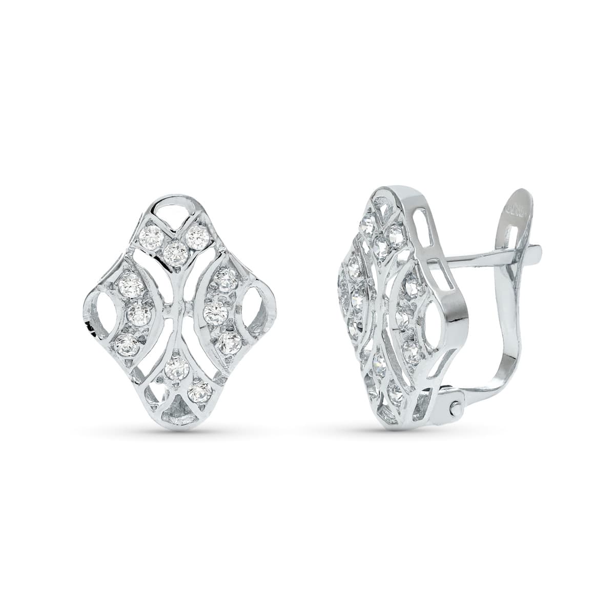 18K Boucles d'oreilles en Or Blanc et Zircones 15X10 mm Fermoir Dormeuses