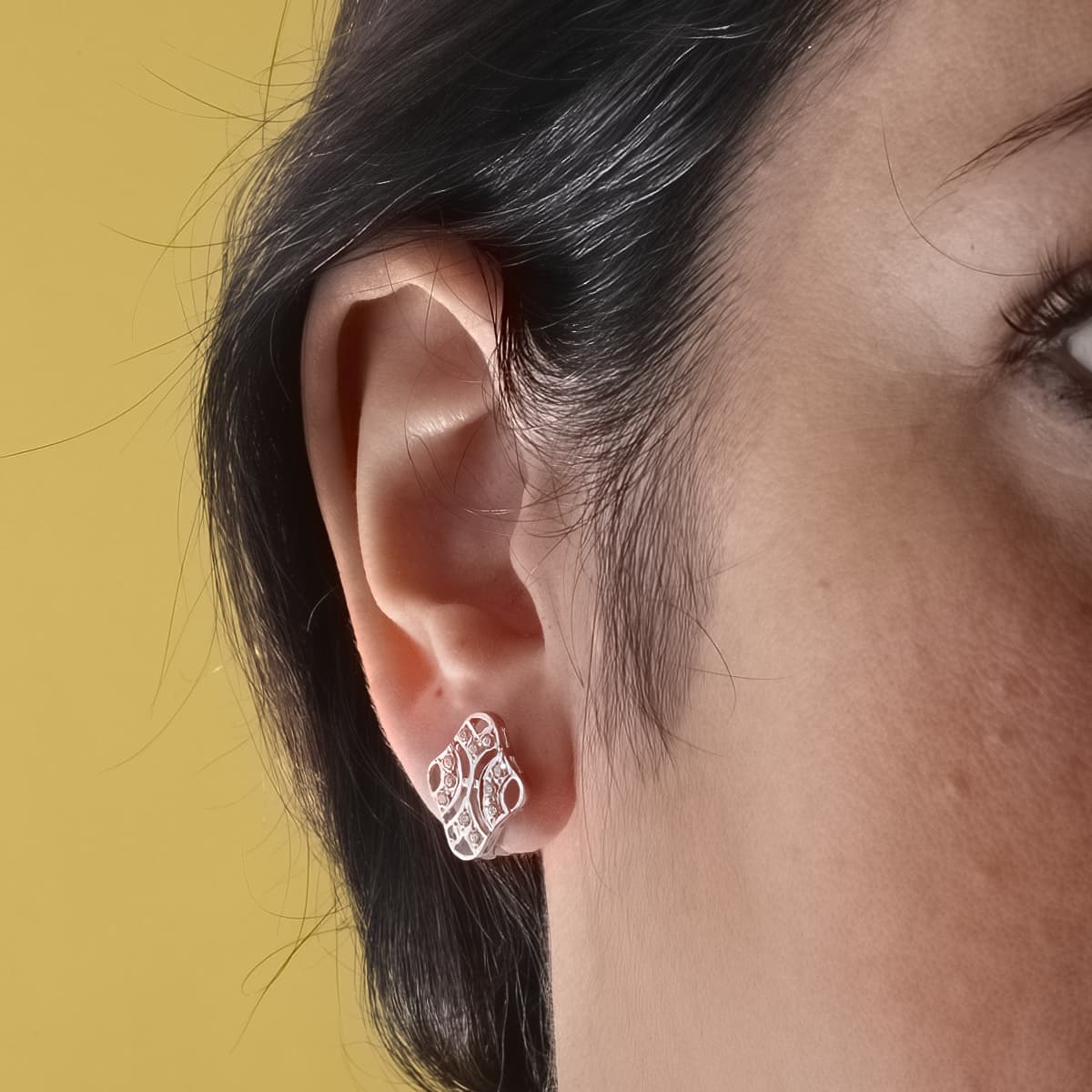 18K Boucles d'oreilles en Or Blanc et Zircones 15X10 mm Fermoir Dormeuses