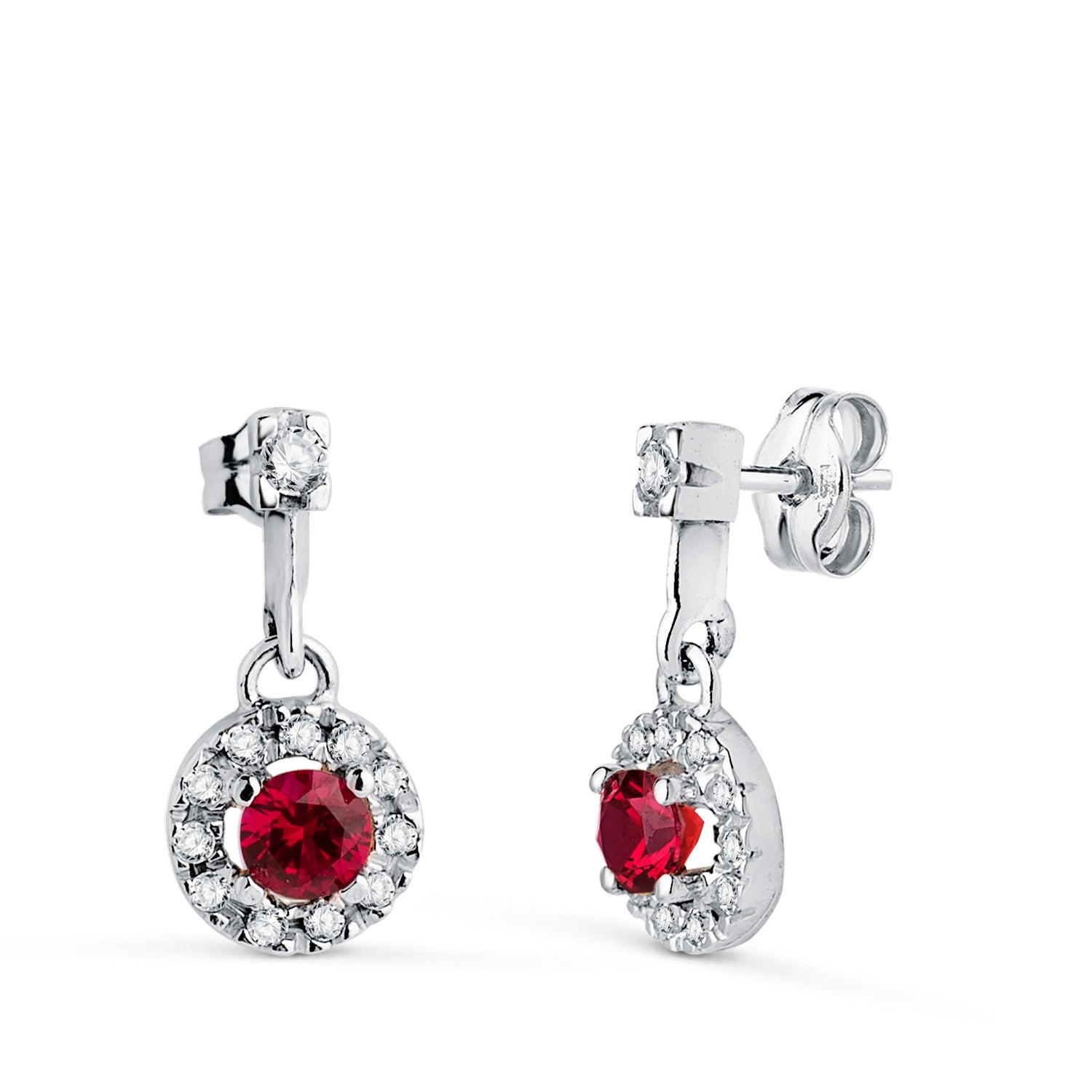 Boucles d'oreilles en Or Blanc 18K en Deux Parties avec Zircon et Rhodolite 14,5 X 7 mm Fermoir Push Back