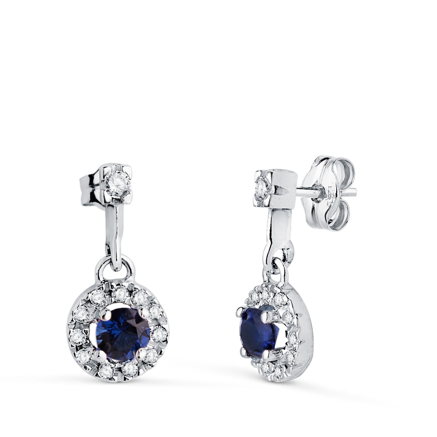 Boucles d'oreilles en Or Blanc 18 Carats en Deux Parties avec Zircon et Saphir 14,5 X 7 mm Fermoir à Pression