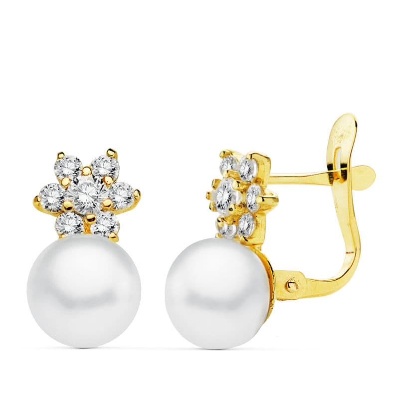 Boucles d'oreilles Or Jaune 18K Perle et Zircon 12X7 mm Fermoir Catalan