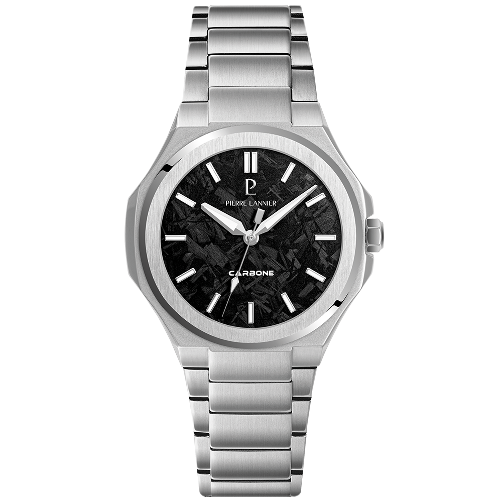 Montre homme Pierre Lannier GRAPHITE 201G181 – cadran noir bracelet acier argenté – vue de face
