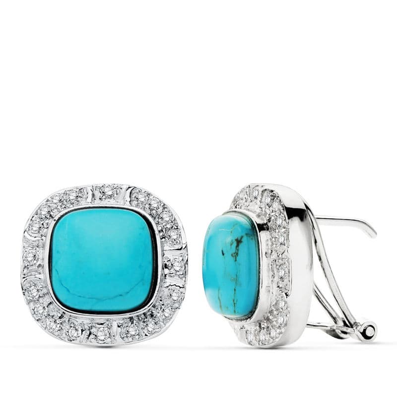 Boucles d'oreilles Or Blanc 18K Turquoise 10 mm et Zircon 16 mm Fermoir Omega