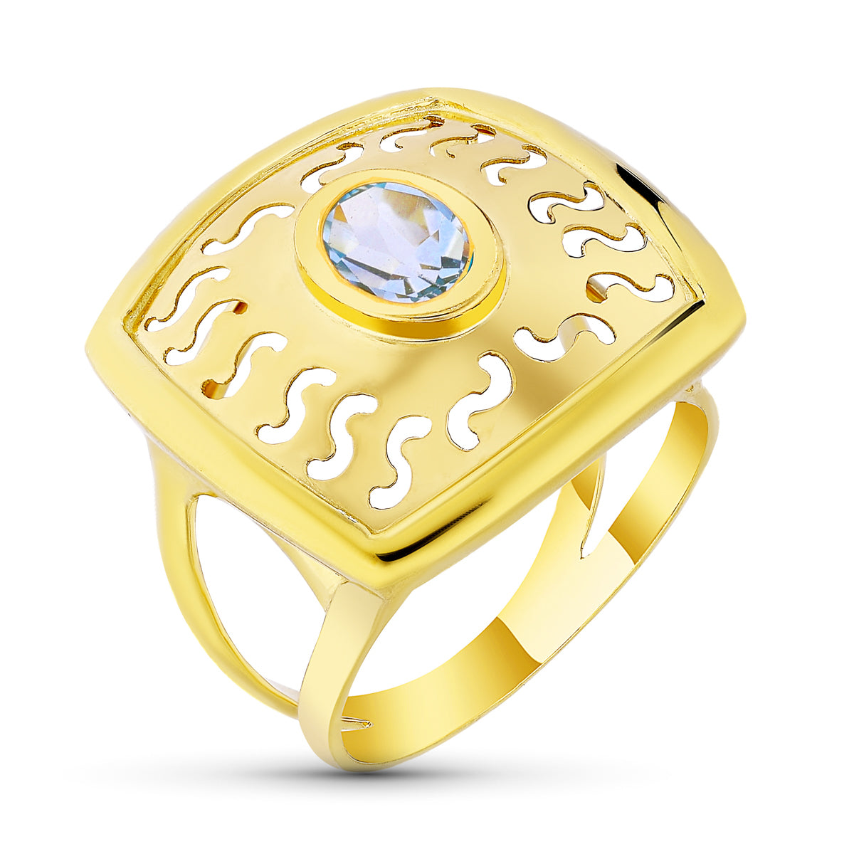 Bague en Or Jaune 18K avec Motif Ouvert avec Aigue-marine Zircone Largeur: 20 mm
