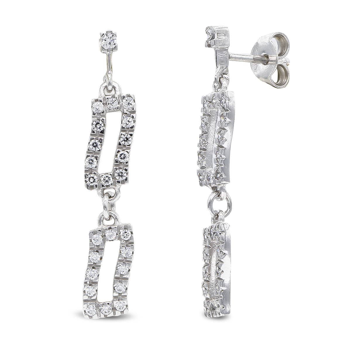 Boucles d'oreilles Longues Or Blanc 18K et Zircone Fermoir Poussettes Papillon