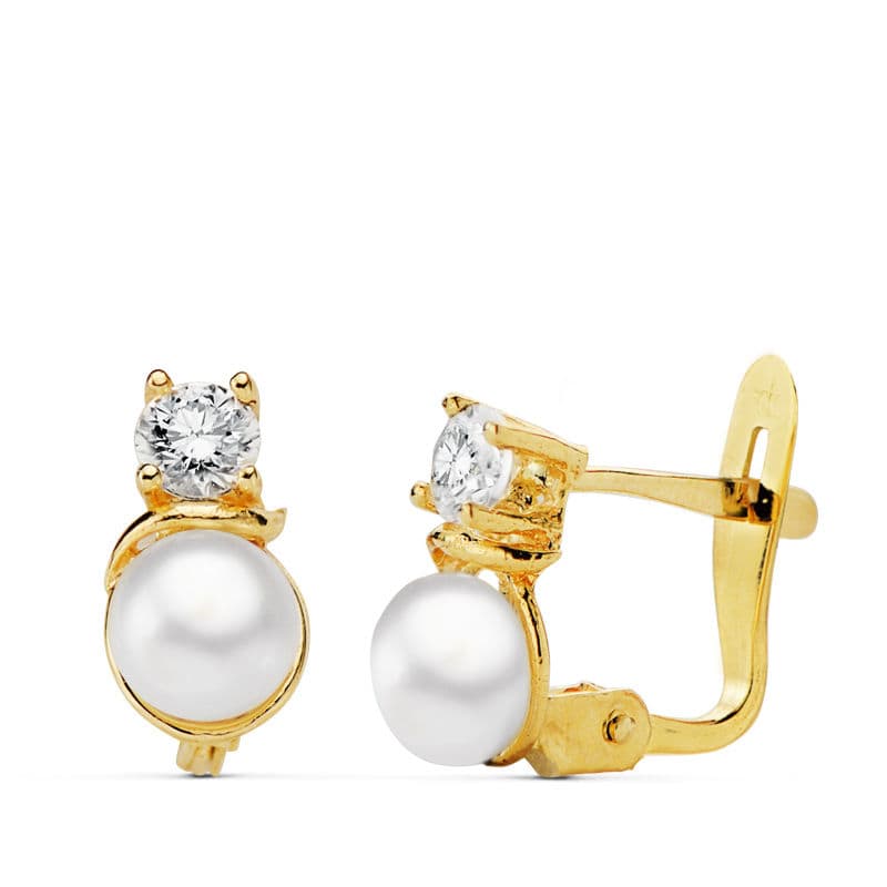 Boucles d'oreilles Or 18K Perle Jaune et Zircone 8X4 mm Fermoir Catalan