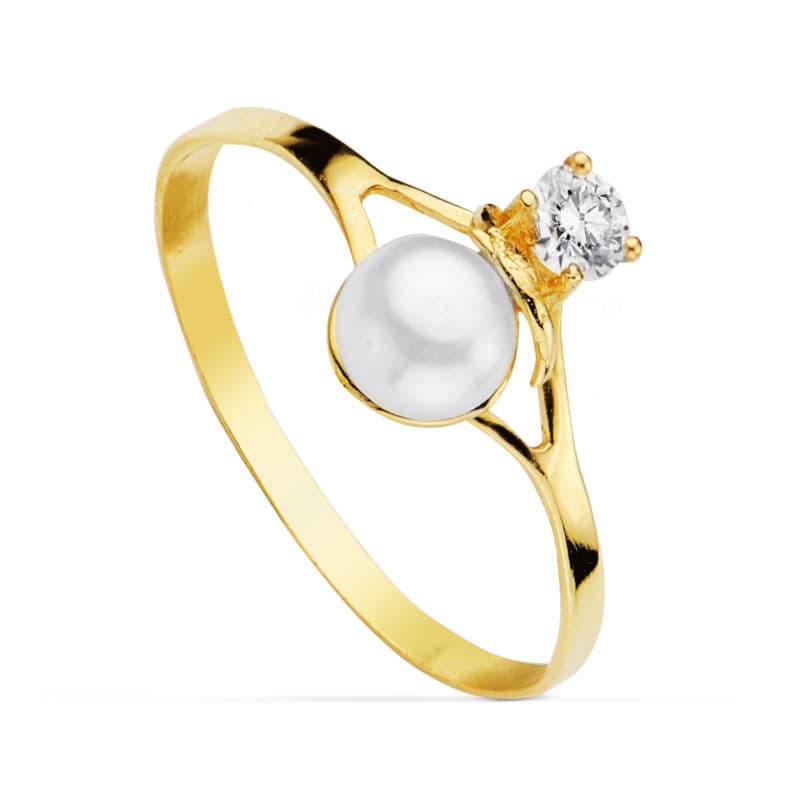 18K gul guldring med 4,5 mm perle og zirconia Bredde: 8,5 mm