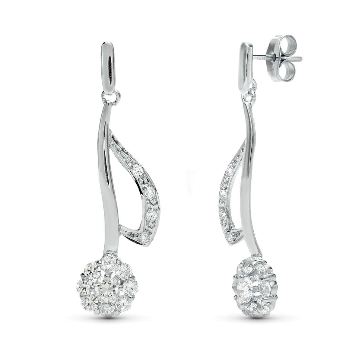 Boucles d'oreilles Or Blanc 18K Parure de Mariage Longues Rennes 35X11 mm Boutons de Pression