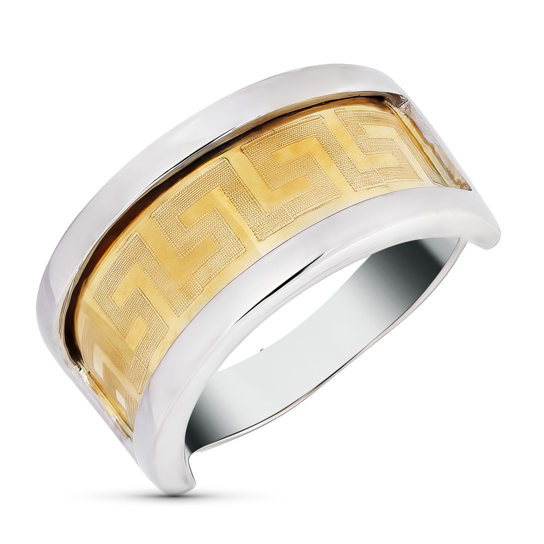 18K tofarget gullring med brilliant Greca-mønster. Bredde: 10 mm