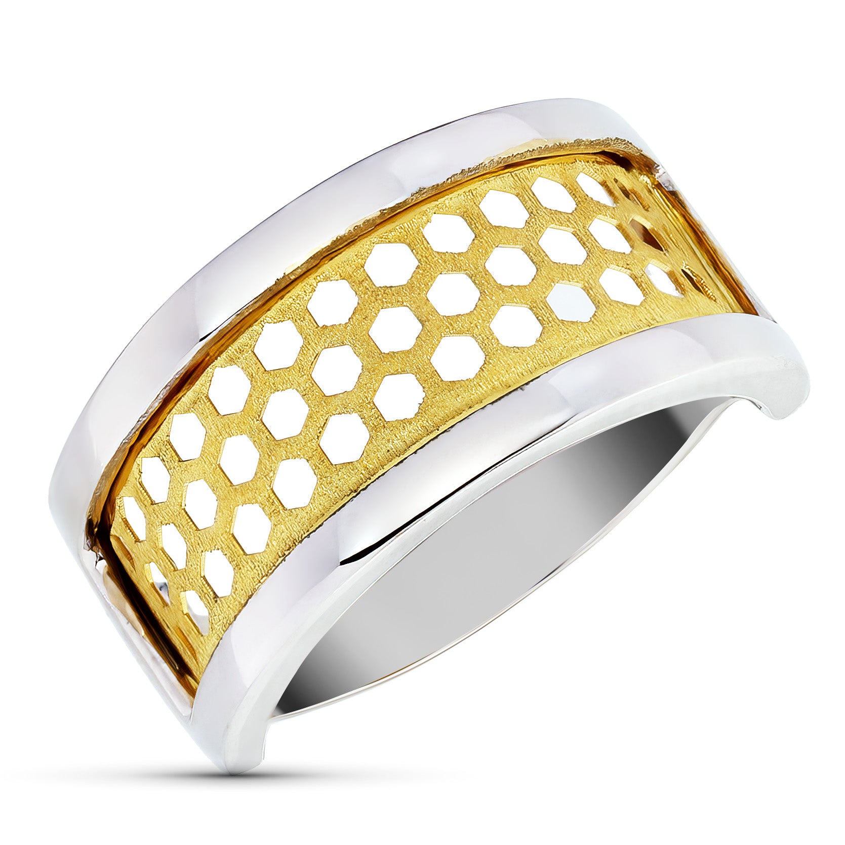 Anel em ouro bicolor 18K com padrão aberto Largura: 10,5 mm