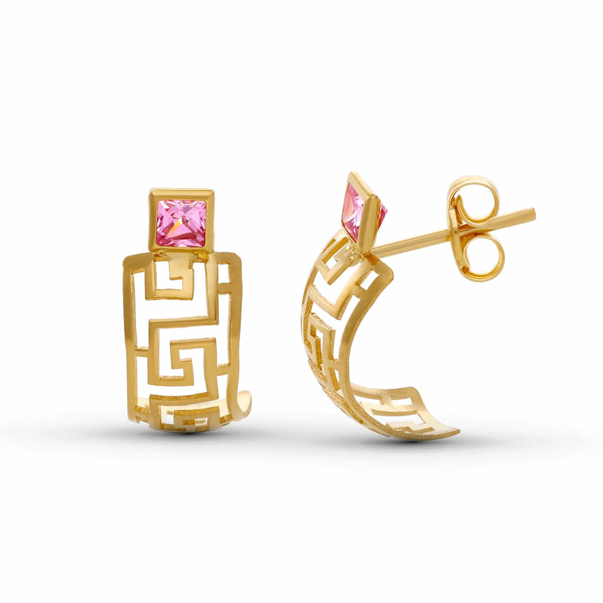 Boucles d'oreilles en Or Jaune 18K Greca Square Zircon 15X6 mm Fermoir Pousettes Papillon