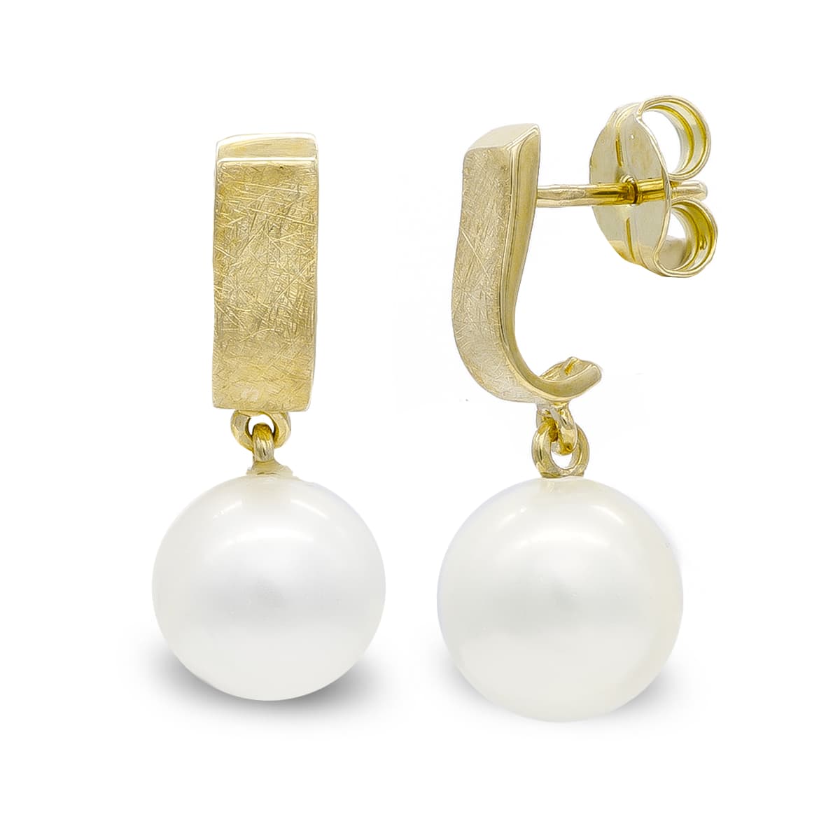 18K Boucles d'oreilles Or Jaune Perle 10 mm Fermoir Poussettes Papillon