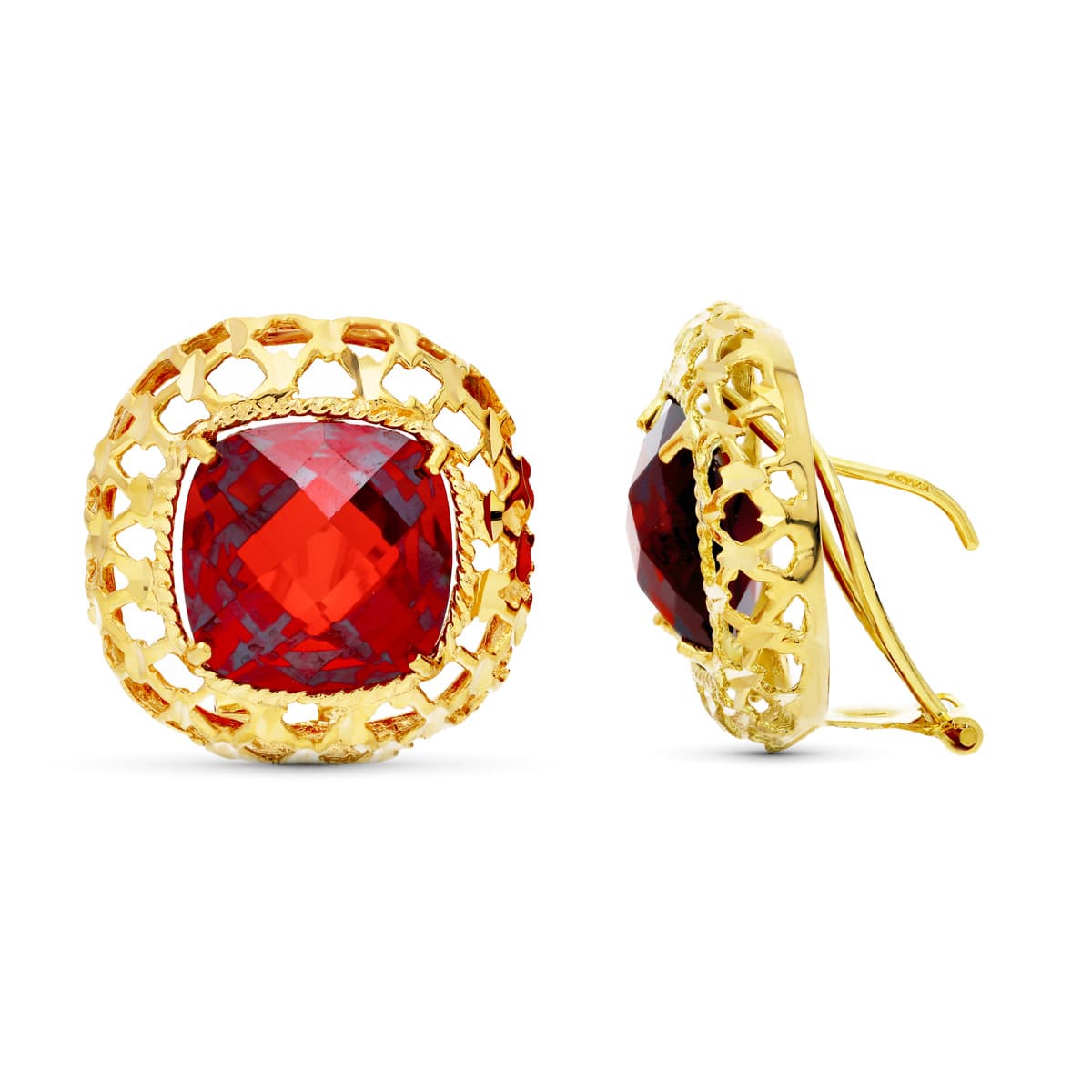 Boucles d'oreilles Grenat 18K 20 mm Monture Filigrane Fermoir Omega