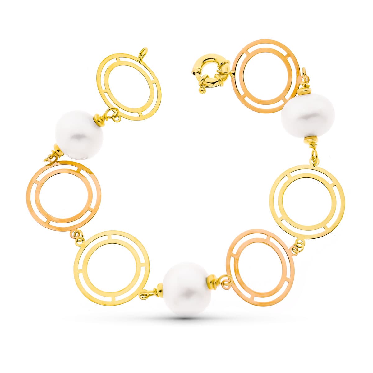 18K Bracelet Or 21 Cm Bicolore Or Jaune et Rose avec Perles de Culture 15 mm