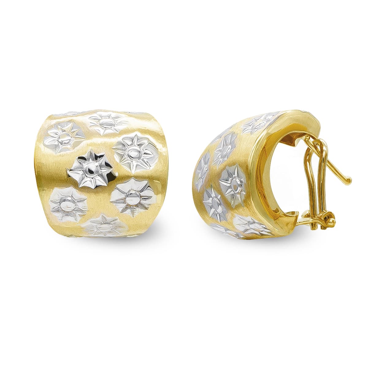Brincos em ouro bicolor 18K e zircônia com fecho Omega