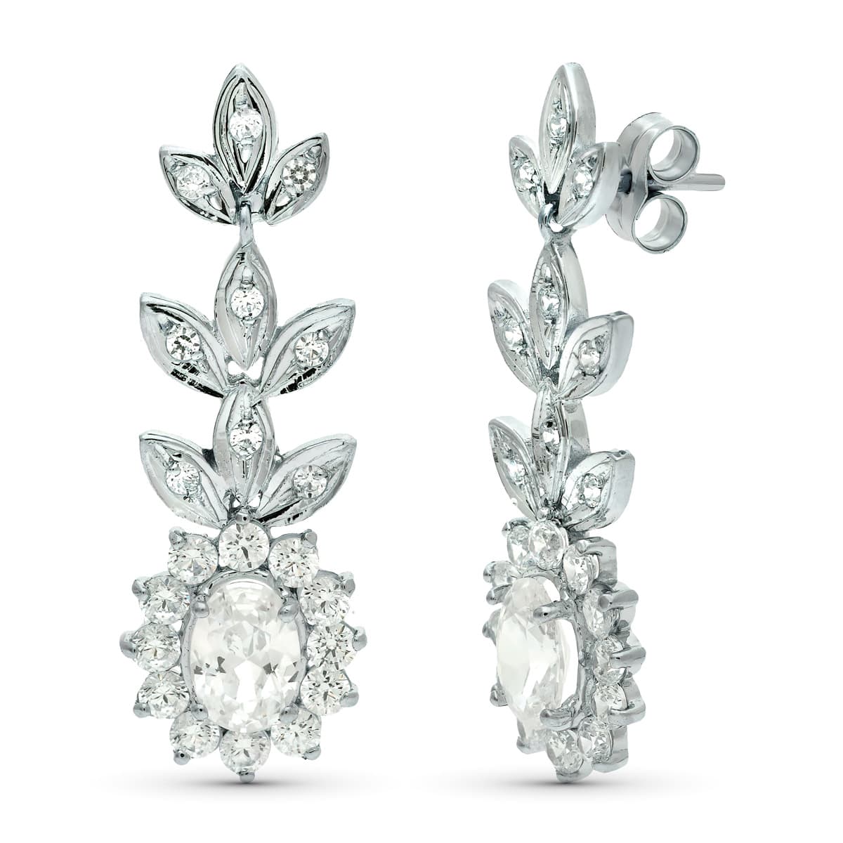 18K Boucles d'oreilles en Or Blanc avec Zircons 8X6 mm Total 33X11 mm