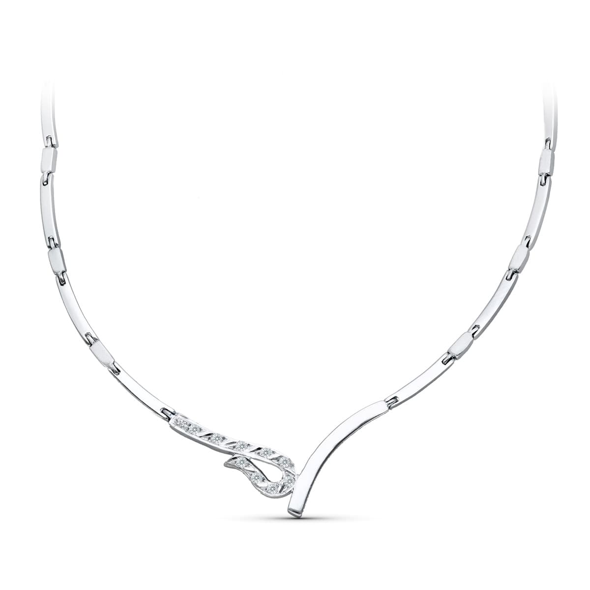 18K Collier en Or Blanc 45 Cm avec Zircons. Fermoir Mousqueton