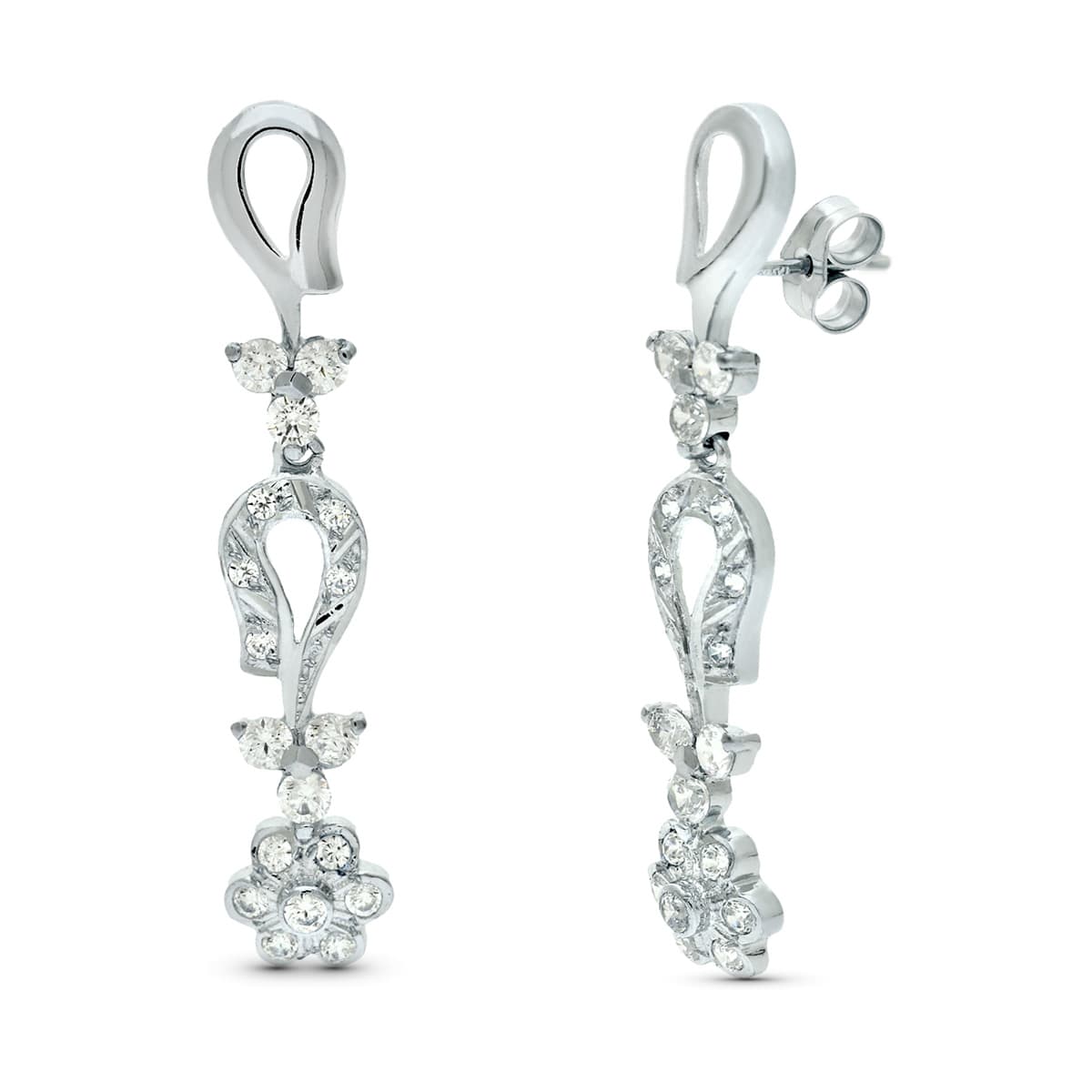 Pendientes Oro Blanco 18K y Circonitas 42X7 mm Cierre Push