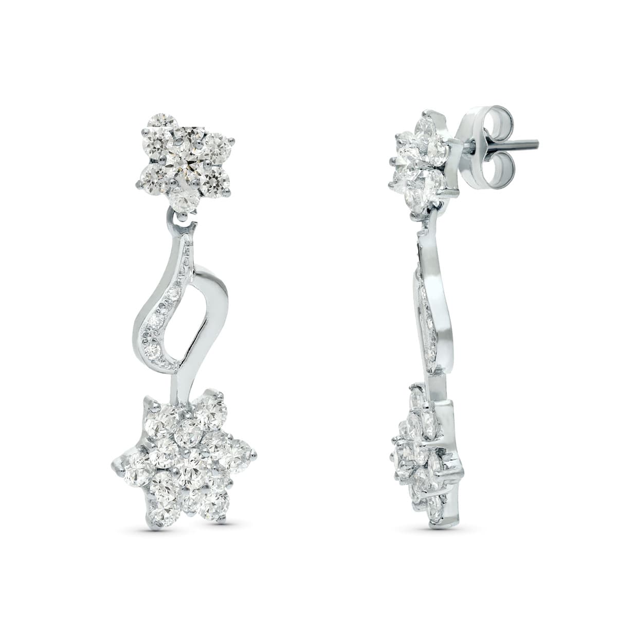 18K Boucles d'oreilles en Or Blanc et Zircons 30X11 mm Fermoir Poussettes