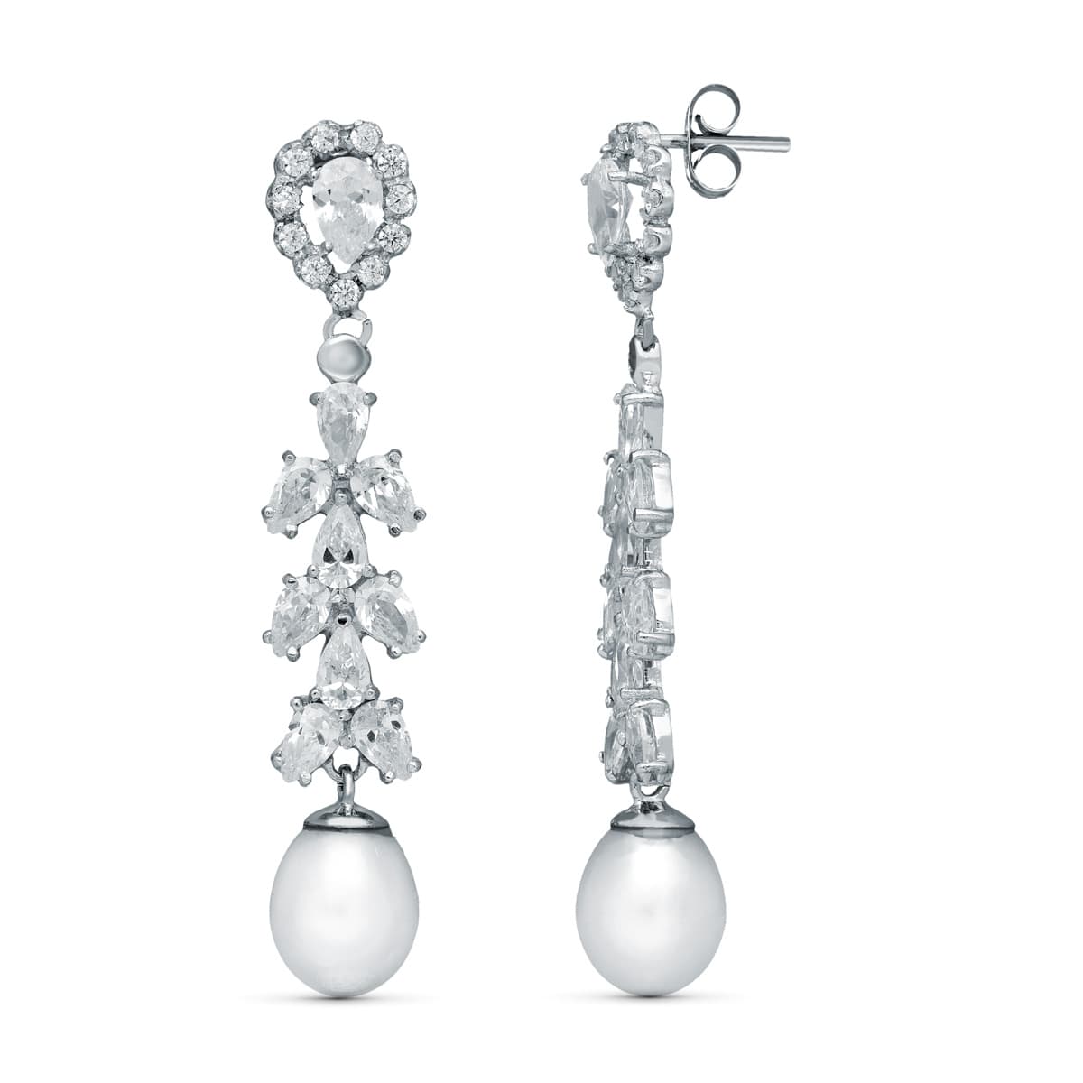 18K Boucles d'oreilles Pendantes en Or Blanc. Zircon & Perle de Culture 47X8MM