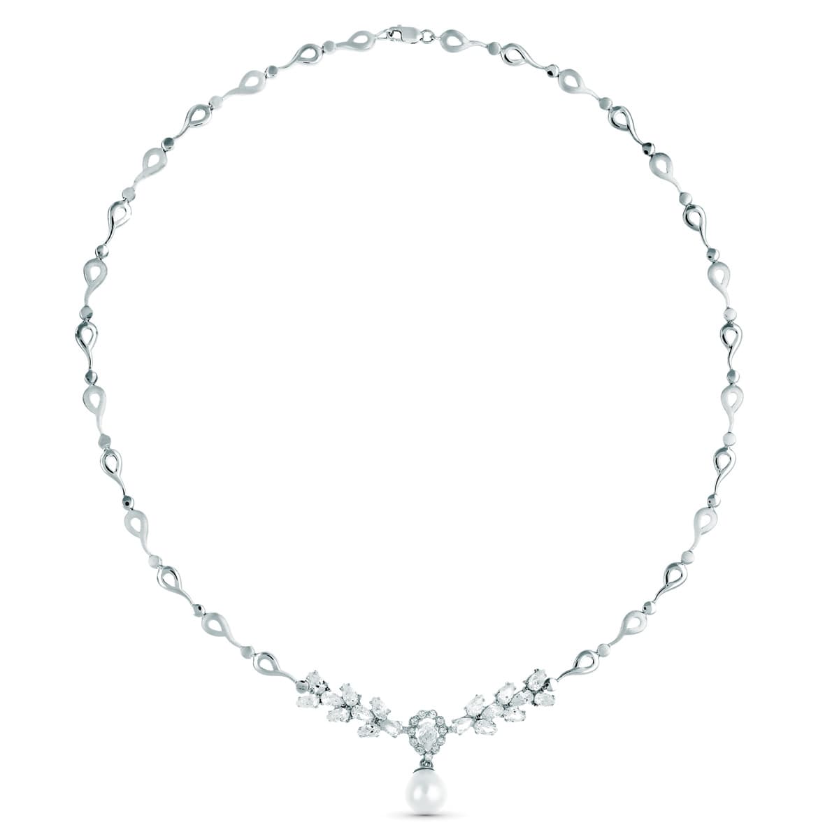 18K Collier Perle en Or Blanc 45 Cm. Fermoir Mousqueton