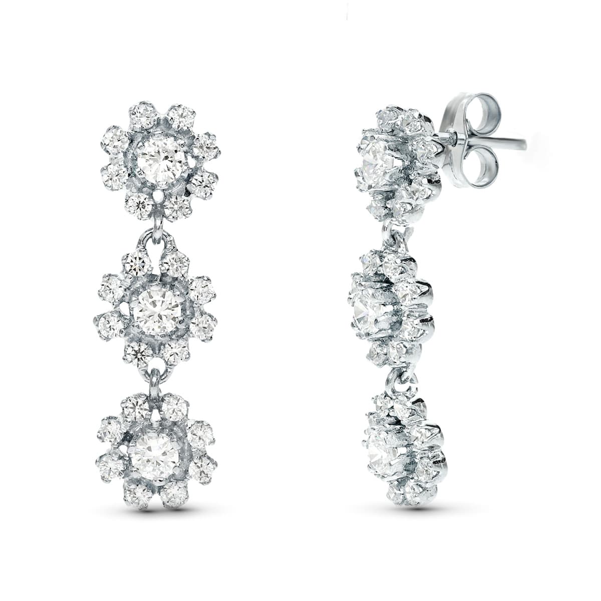 Boucles d'oreilles Or Blanc 18K Set Mariage Long Trois Coins 25X8 mm Fermoir Poussettes Papillon