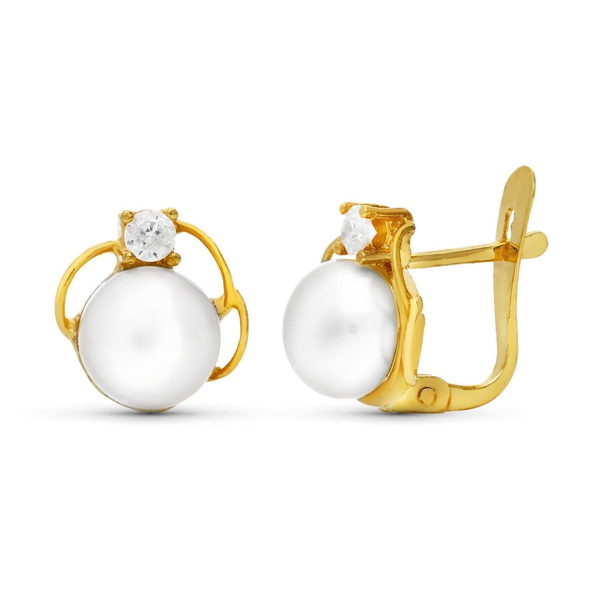 Pendientes Oro Amarillo 18K Perlas y Circonitas Cierre Catalán 9X9 mm